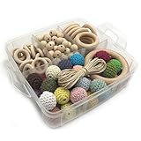 Amyster DIY Wooden Teething Kit Wooden Rings Wooden Geometric Hexagon Beads Abacus Beads Mixed Color