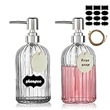 siawadeky ソープディスペンサー ガラス製 2本入 500ml シャンプーボトル クリスタル 詰め替え可能 ポンプボトル ソープボトル シャンプー用 シャワージェル用 トリートメント用 詰め替え容器 シールラベル数枚付き