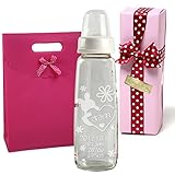 TEATSIGHT お名前入り 哺乳びん 名入れ 彫刻 フラワーラビット 240ml ガラス製 (ピンクラッピング)