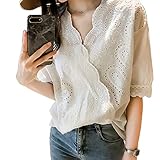 [SYitong] 夏 刺繍 トップス ブラウス レディース ポリエステル コットン 刺繍 レース エレガント シャツ レディース 可愛い花柄 Vネック 半袖 薄手 ゆっとり 着痩せ ファッション (ホワイト, XL)