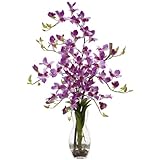 ほぼ自然1190-PP 35。花瓶シルクフラワーアレンジメントとH紫デンドロビウム