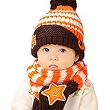 【SEBLES】ベビー服 ニット帽 マフラー アクセサリー あったか 防寒 冬 ボンボン 8ヶ月～4歳 キッズ 赤ちゃん(オレンジホワイトストライプ)