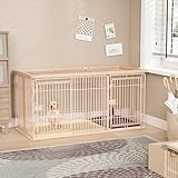 Petnniko 犬 ケージ 木製 室内 トイレ付き 仕切り 組立簡単 屋根付き 小中大型犬用 幅146×奥行68×高さ70cm ピンク+ベージュ