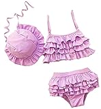 ツバメ--屋 ベビー水着 女児水着 ビキニ スイミングウェア キッズ水着 子供用 スイムキャップ付き 女の子 セパレート レースフリル スイート ガールズ 3点セット (XXL, Purple)
