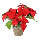 10 "人工赤と緑Poinsettia Flower Arrangement in黄麻布花瓶