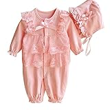 POTOJP 可愛い レース ロンパース プリンセス風 子供服 女の子 長袖 カバーオール ベビー服 キッズ服 パジャマ 帽子付け 満月/出産祝い/プレゼント 連体服 (80, ピンク)