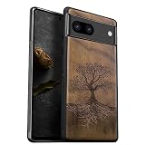 Carveit 木製 ケース 対応 Google Pixel 7a カバー [天然木&ブラックソフトTPU] 耐衝撃 ピクセル 7a 保護 ケース,レーザーアート彫刻, ワイアレス充電 対応 Pixel 7a ケース (ウォールナット-陰陽の生命の木)