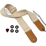 ギター ベース アコギ ストラップ コットンリネン ＋ストラップロック 4枚 ＋ ピック 3種6点 セット (ベージュ)