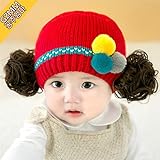 ニット帽 赤ちゃん 5カ月 ～ 3歳 子供ハット かつら ウィッグ 付き ポンポン 伸縮性がある ヘアバンド ヘアアクセサリー 防寒防風対策 出産祝い プレゼント (Red)