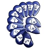 FINGER TENゴルフアイアンヘッドカバーバリュー12ピースセット、合成皮革デラックスクラブヘッドカバー、ユニバーサルフィットメインアイアンクラブギフトセット(両面-ブルー)