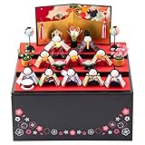 雛人形 コンパクト 幅30cmに飾れる本格雛人形 かわいい リュウコドウ 収納飾り 三段 令花雛 (黒) (FUN fun)