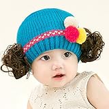 ニット帽 赤ちゃん 5カ月 ～ 3歳 子供ハット かつら ウィッグ 付き ポンポン 伸縮性がある ヘアバンド ヘアアクセサリー 防寒防風対策 出産祝い プレゼント (Blue)