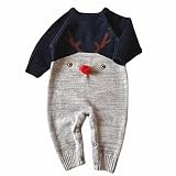ニットロンパース ベビー コスチューム カバーオール 着ぐるみ トナカイ柄 クリスマスタイプ 赤ちゃん 防寒 出産お祝い (ネイビー, XL)