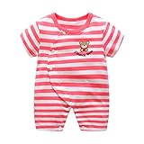 Simple Plan　ベビー　新生児から　ボーダー　クマ　ロンパース 半袖　カバーオール　綿100%　柔らか　お肌に優しい　前開き　女の子　男の子　全5カラー選択可能 (66, ピンク)