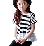 Plus Nao(プラスナオ) 半袖 Tシャツ トップス ボーダー フリル おしゃれ かわいい キュート 女の子 女児 幼児 子ども キッズ ジュニア 小学 ブラック×ホワイト 140