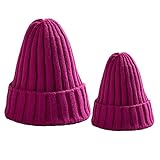 ニット帽子 親子 大人と子供 帽子 2点セット 折り返し カジュアル 秋冬 帽子 厚手 保温防寒 ポンポン付き 毛糸帽 フリーサイズ ストレッチ おしゃれな帽子 (ローズレッド)