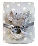 Stephan Baby Super Soft Coral Fleece Polka Dot Crib Blanket and Plush Ring Rattle Gift Set, Grey Ele