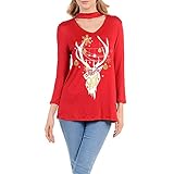 クリスマスコ仮装 Hosam クリスマス コスチューム レディース vネック ロングTシャツ 欧米風 柔らかい 落ち感 クリスマス雰囲気満点 おしゃれ ファッション (L, レッド-トナカイ)