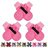 BINGPET 犬 靴下 犬用靴下 滑り止め 足保護 6個セット 肉球保護 犬の靴下 柔らかい 脱げない ペットソックス かわいい犬の足跡 防寒 転倒防止 秋冬 屋内用 通気性 介護 老犬 サポート 足舐め防止 かわいい おしゃれ 小型犬 中型犬 大型犬 シニア犬用 （明るいピンク、M）
