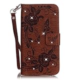 UNEXTATI iPhone 8 Plus ケース ダイヤモンド 手帳型ケース カバー カード収納 ストラップ 付き Apple iPhone8 Plus 用 Case Cover (ブラウン)