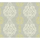 York Wallcoverings WB5441 Botanical Fantasy Damask Stripe Wallpaper, Mottled Silver/Kiwi/Palest Grey
