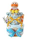 おむつケーキ アンパンマン 長袖ボディスーツ付き 2段 男の子用 B (メリーズSサイズ（25枚入り）)