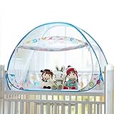 蚊帳 ベビー 赤ちゃん ワンタッチ式蚊帳 ムカデ対策 簡単設置 簡単収納 子供用ワンタッチ蚊帳 キッズ コンパクト/収納 折りたたみ (140*75*90cm, リンゴ柄-ブルー)