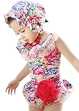 C-Princess 水着 ビキニ 2点セット ベビー 子供用 キッズ キャップ付き 花柄 スイムウェア レース付き スイミングウェア 海水浴 ビーチ 赤 L