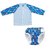 ベビー 水遊びパンツ+長袖ラッシュガードセット 男の子 女の子 ベビー 水着 (80cm,90cm,100cm) (100cm, ブルーいかり柄セット)