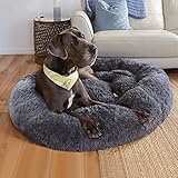 犬 ベッド 猫 クッション グッズ - ラウンド型 もふもふ 丸型 OYANTEN ドーナツふわふわ もこもこ ぐっすり眠る 洗える 通年 コーギー/柴犬/中型犬用 ペット用品 (90cm,ダークグレー)