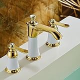 Beelee Deck Mounted Three Holes Two Handles Widespread Bathroom Sink Faucet, Polished Gold / White P