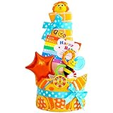 おむつケーキ Sassy ( サッシー) ポップスター 3段 おむつケーキ タオル付 おもちゃ付 男の子 女の子 【おむつ種類：パンパース】 (おむつサイズ：M, スマイリーオレンジ)