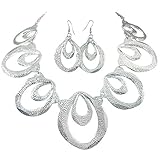 Large Abstract Textured Ovals Bib Statement Silver Tone Boutique Necklace & Earrings Set (Double Tea