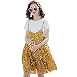 「Bidear」マタニティ T シャツ + サロペットスカート 2点セット妊婦服 花柄 マキシ丈 外出着 ワンピース 産前 産後 授乳服 セット半袖 快適 春夏 イエロー L