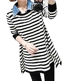 shop-k.p. マタニティ チュニック プルオーバー ボーダー デニム 襟付き 長袖 トップス カジュアル 通勤 授乳服 (L)