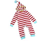 Karchi ベビー服 女の子 ロンパース 可愛い　長袖 帽子付き ボーダー柄　カバーオール 春夏服 誕生日　お出かけ　パーティー ０－２４ヶ月設定 レッド (100)