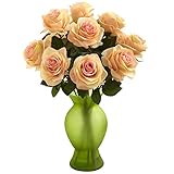 Nearly Natural 1351-PH Roses with Colored Glass Vase Peach [並行輸入品]