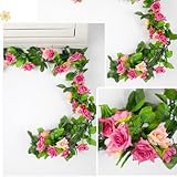 ノーブランド品　造花 二本　長さ ： 259cm （8.5ft）飾り　蔓　葉　バラ　アイビー　籐　観葉植物　人工観葉植物　インテリア　ローズ　雑貨　アーチ　装飾　飾りつけ　濃いピンク　Generic 