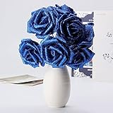 人工花ホームデコレーション7pcs人工ブーケGlitter Flower DIYローズ ブルー