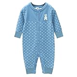 Baby Nest ロンパース カバーオール ウサギさん シッポ付き 前開き 男の子 女の子 ニット 長袖 コットン100% ブルー 6-9M