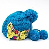 Plus Nao(プラスナオ) 子供用 ニット帽 ボンボン＆リボン付き ニットキャップ キッズ ジュニア 女の子 冬帽子 - ブルー