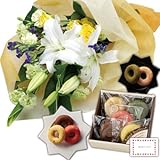 花とスイーツ ギフトセット 豪華 ユリ イエローバラ　花束 と カリーノカラフル焼ドーナツ詰合せ ５個 写真入り・名入れメッセージカード (SE)