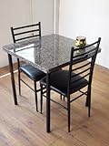 3点セット　鏡面グラナイト（御影石風）テーブル 75x75cm+スチールパイプチェア（2脚） ブラック（黒）
