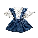 サロペットスカート プリーツスカート 半袖シャツ 夏 フリルサスペンダー付きスカート 上下セット 桜桃柄 1~3歳 デニムブルー90cm