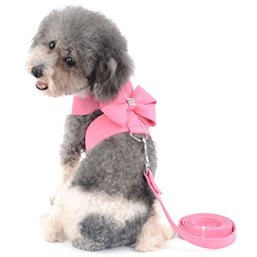 Ranphy レザー 革 ハーネス 胴輪 小型犬 子犬 猫用 リード セット 蝶結び 可愛い 散歩用 出かけ用 調節可能 通気性が抜群 2色 (ピンク,S)