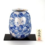 【九谷焼】 7号ナツメ花瓶 染付椿 花瓶、花台、木札、トムソン化粧箱入り