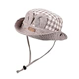 WeddingPachベビーひよけ帽子 バケットハット ユニセックス 耳当て飾り かわいい チェック柄 ひも付き 脱げない 1-3歳赤ちゃん用ハット 春 夏 秋 (1-3歳, ブラウン)