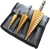 UNHO ステップドリルビット チタンコーティング 六角軸 3本セット (4-32 4-20 4-12mm) スパイラル ドリル 穴あけ 穴 拡大 バリ取り 面取り 収納ケース付