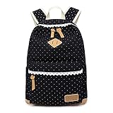 S&D おしゃれなリュックバッグ キャンバス生地 バックパック 学生 女子 社員 通学 通勤 ピクニック 旅行 スポーツ ショッピング レース 圆点 ブラック (42*33*14cm, 圆点 ブラック