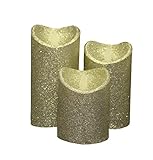 3のセット、FlamelessリアルワックスLED Pillar Candle withタイマー移動Flame andゴールドキラキラパウダー、ちらつき、作業with 2 AAバッテリー